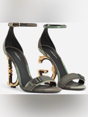 Dolce & Gabbana Black and Olive Green Camouflage Slingback Heels